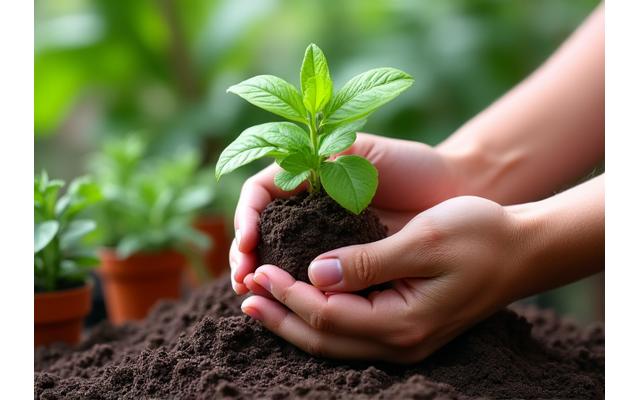 Hands tending to a lush green plant in a bright garden